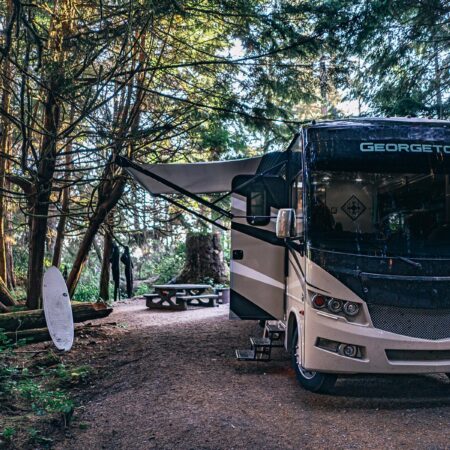 Motorhome parked at campsite in Tofino BC
