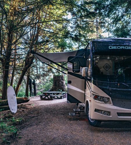 Motorhome parked at campsite in Tofino BC